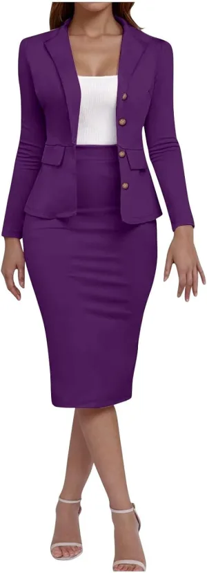 Women's Business Suit 2 Piece Long Sleeve Plus Size Skirt Suit Set Lady Blazer Office Work Slim Fit Jacket Outfit