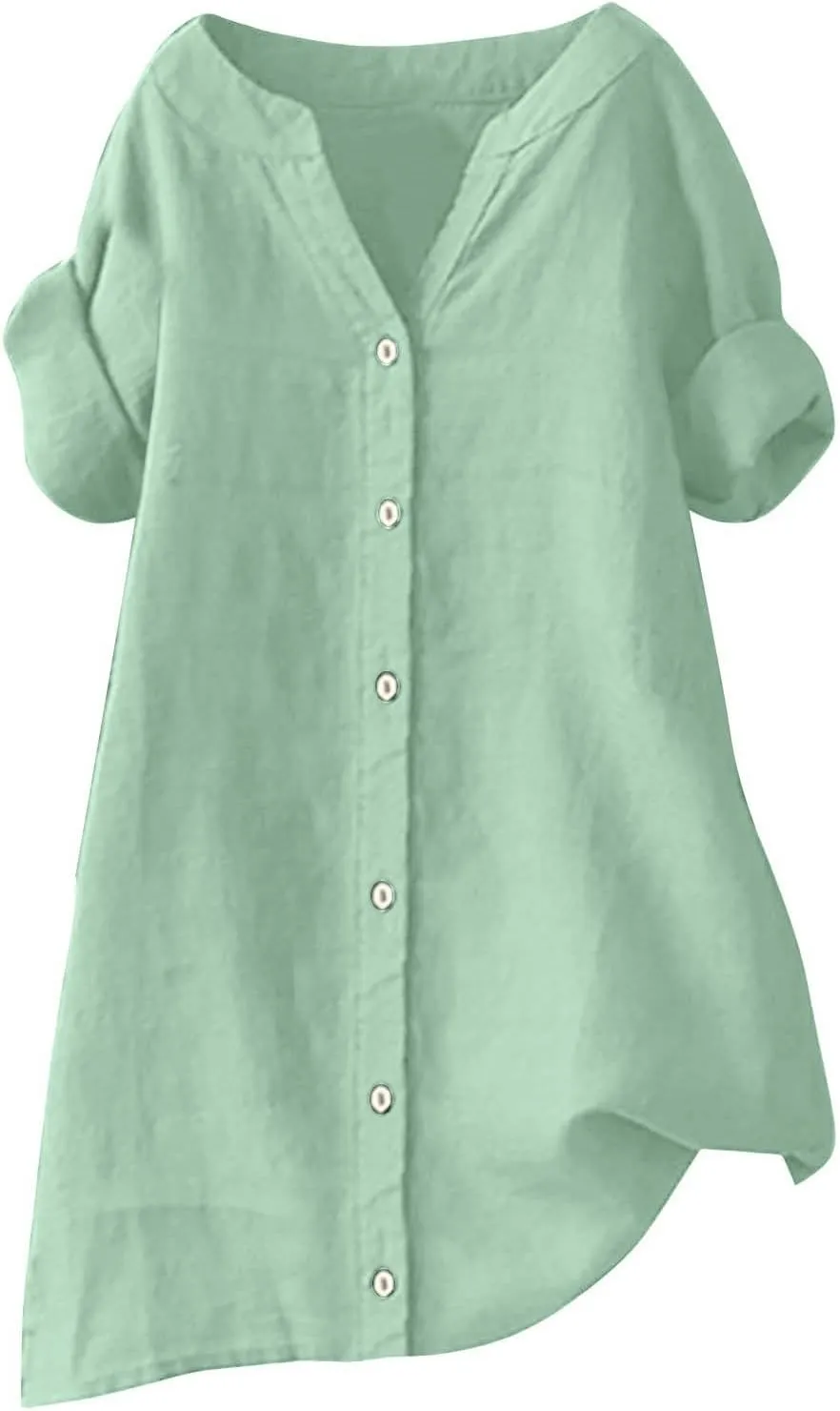 Womens Button Down Shirt V-Neck Long Sleeve Linen Summer Casual Trendy Blouse Tops Loose Tee Tops