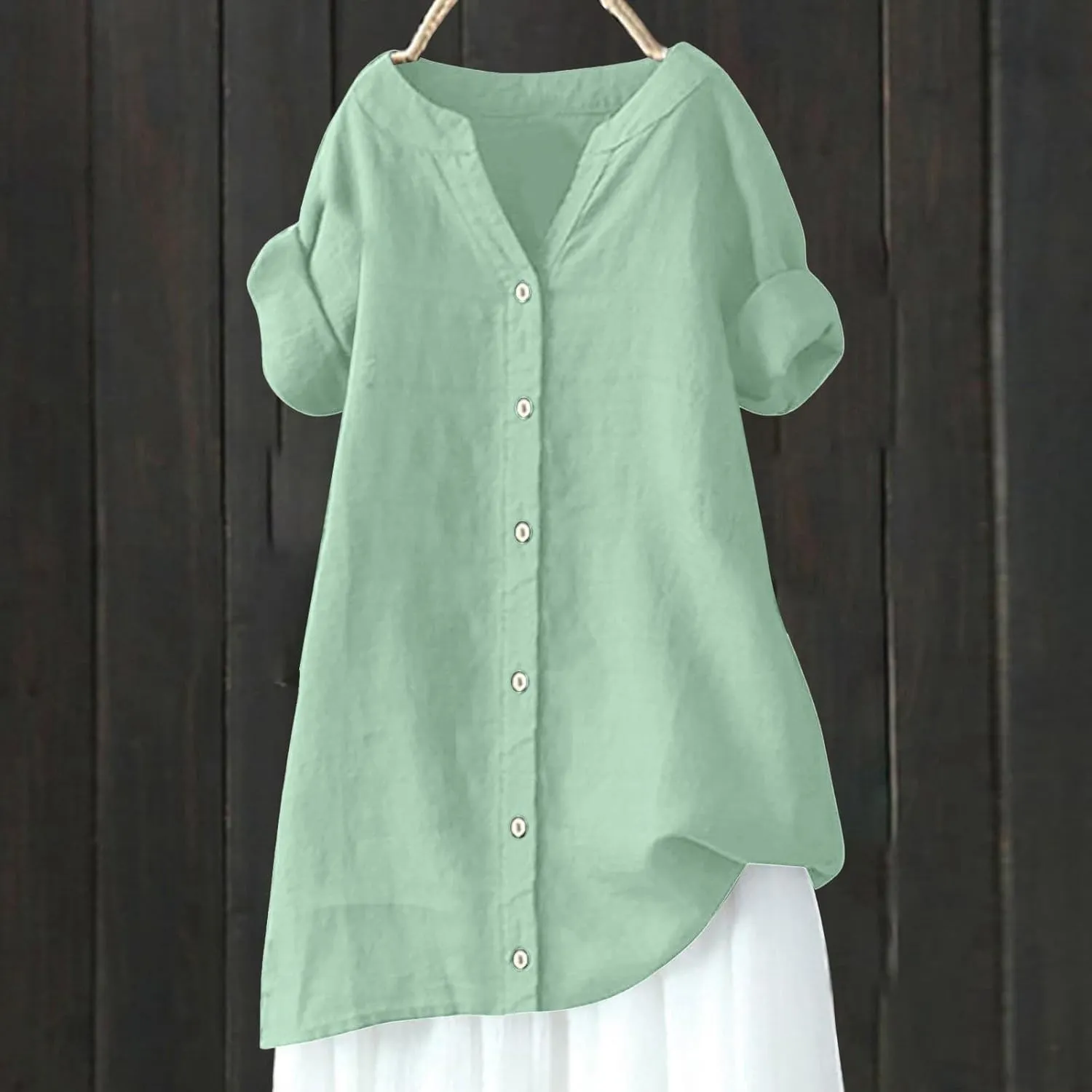 Womens Button Down Shirt V-Neck Long Sleeve Linen Summer Casual Trendy Blouse Tops Loose Tee Tops