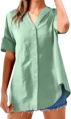 Womens Button Down Shirt V-Neck Long Sleeve Linen Summer Casual Trendy Blouse Tops Loose Tee Tops