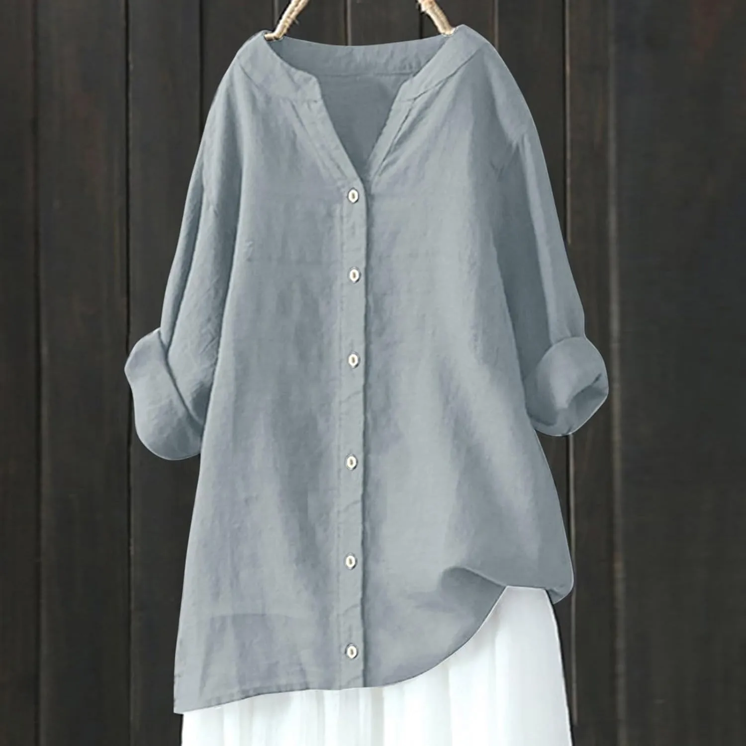Womens Button Up Shirts Solid Color Short Sleeve Linen Summer Casual Fashion Blouse Top Loose T-Shirt