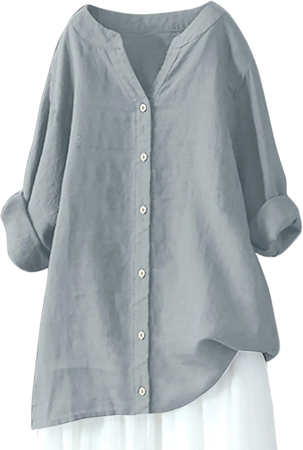 Womens Button Up Shirts Solid Color Short Sleeve Linen Summer Casual Fashion Blouse Top Loose T-Shirt
