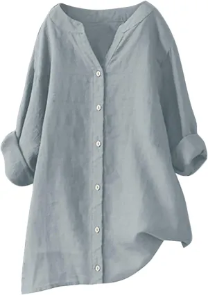 Womens Button Up Shirts Solid Color Short Sleeve Linen Summer Casual Fashion Blouse Top Loose T-Shirt