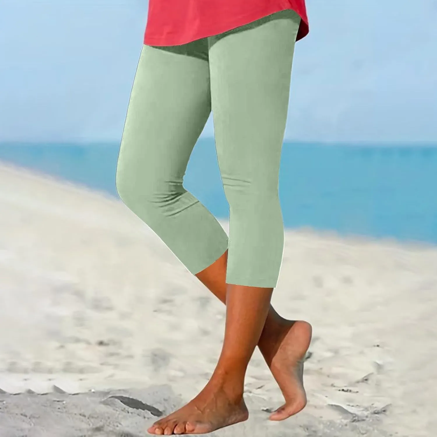 Women's Capri Yoga Pants Stretch High Waist Elastic Cropped Pants Resort Beach Leggings Casual Summer Pedal Pushers