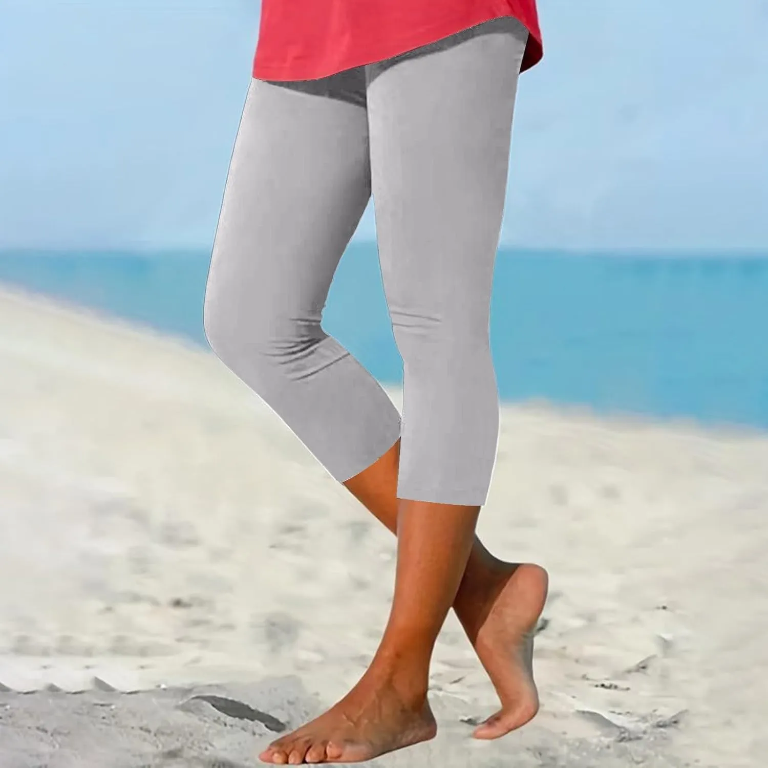 Women's Capri Yoga Pants Stretch High Waist Elastic Cropped Pants Resort Beach Leggings Casual Summer Pedal Pushers
