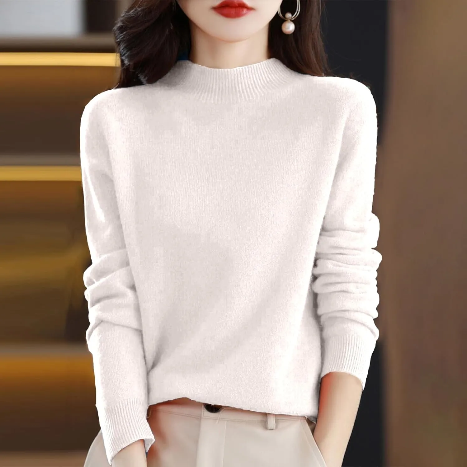 Womens Cashmere Sweaters Soft Half Turtleneck Long Sleeve Wool Sweater Tops Solid Lightweight Knit Pullover Tops