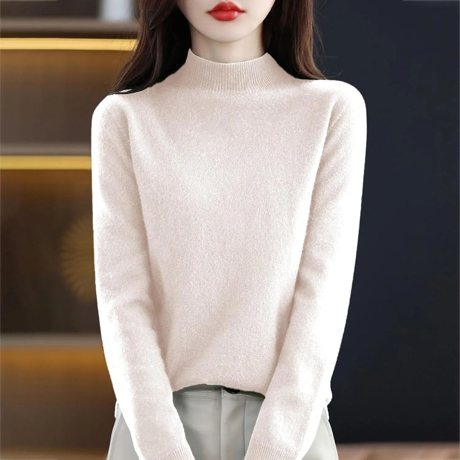 Womens Cashmere Sweaters Soft Half Turtleneck Long Sleeve Wool Sweater Tops Solid Lightweight Knit Pullover Tops