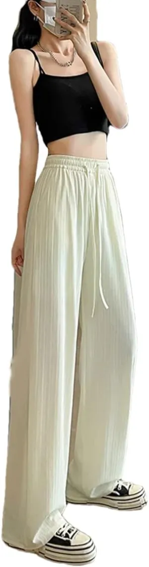 Women's Casual Pants Thin Summer Wide Leg Pants High Waist Loose Straight Pants Trousers Elastic Waist Pants
