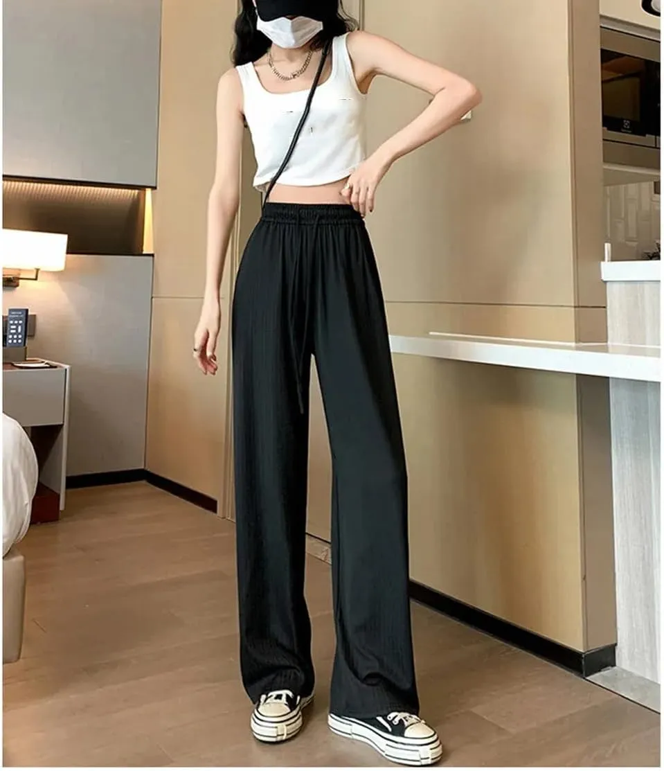 Women's Casual Pants Thin Summer Wide Leg Pants High Waist Loose Straight Pants Trousers Elastic Waist Pants