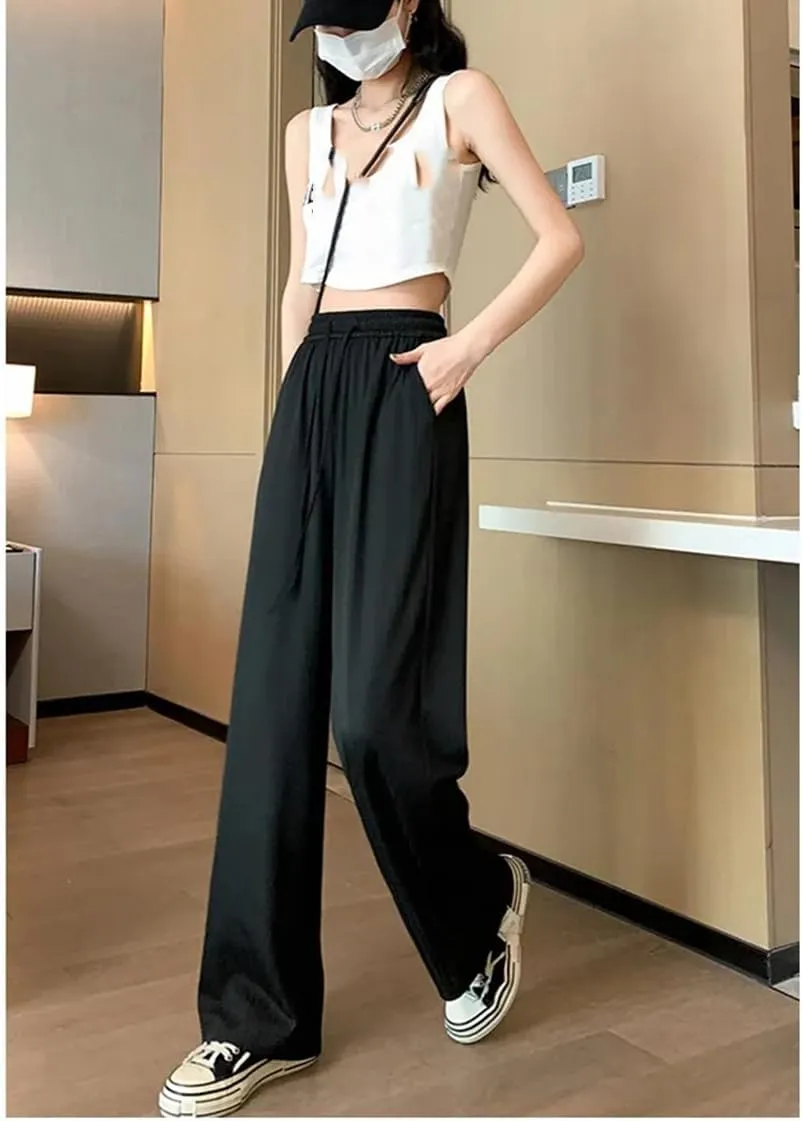 Women's Casual Pants Thin Summer Wide Leg Pants High Waist Loose Straight Pants Trousers Elastic Waist Pants