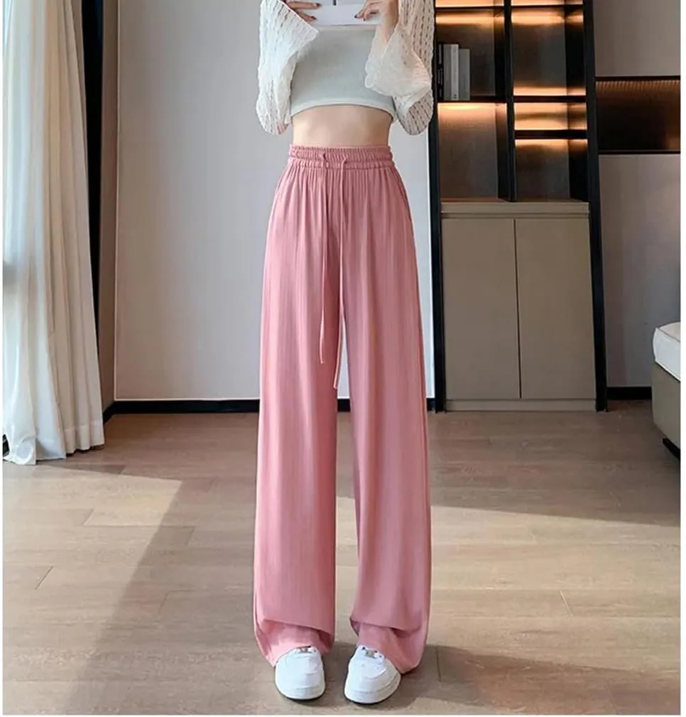 Women's Casual Pants Thin Summer Wide Leg Pants High Waist Loose Straight Pants Trousers Elastic Waist Pants