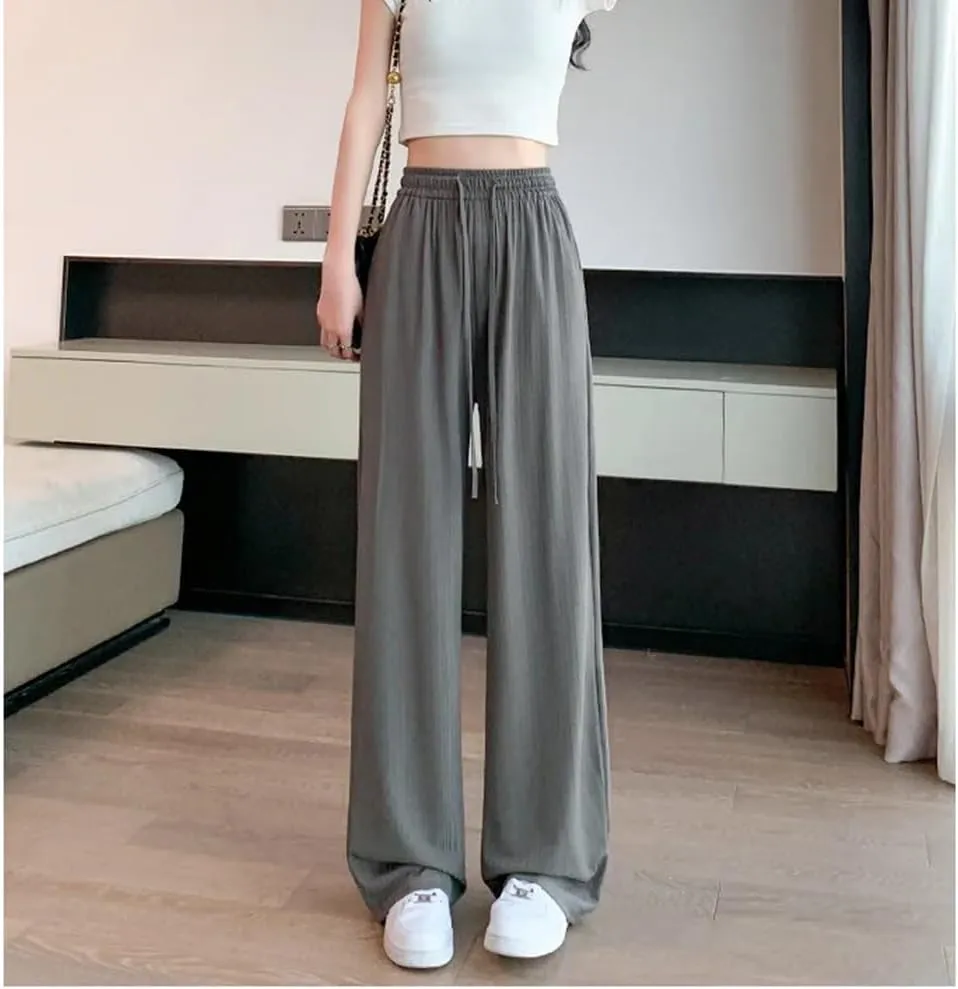 Women's Casual Pants Thin Summer Wide Leg Pants High Waist Loose Straight Pants Trousers Elastic Waist Pants