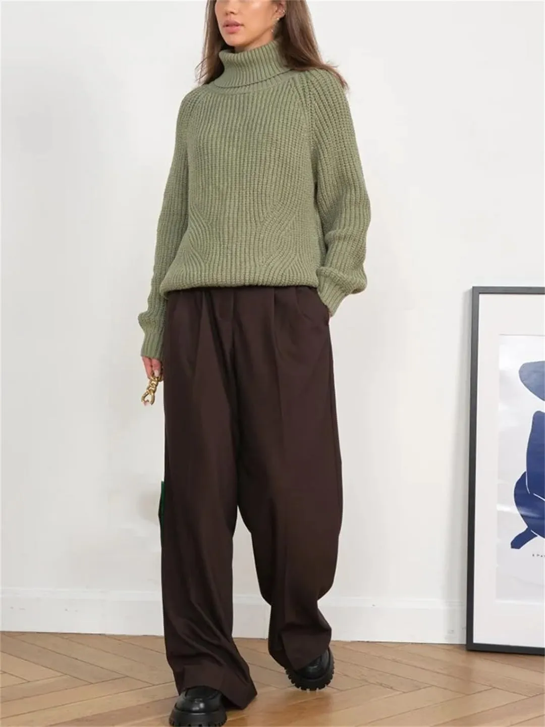 Women's Casual Thick Sweaters Oversize Turtleneck Warm Solid Pullovers Knitted Jumper Tops