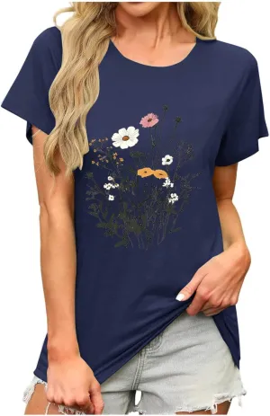 Womens Casual Tops Cap Sleeves Round Neck Loose fit Tunic Top T-Shirts Floral Graphic Comfy Spring Summer Tee Shirts