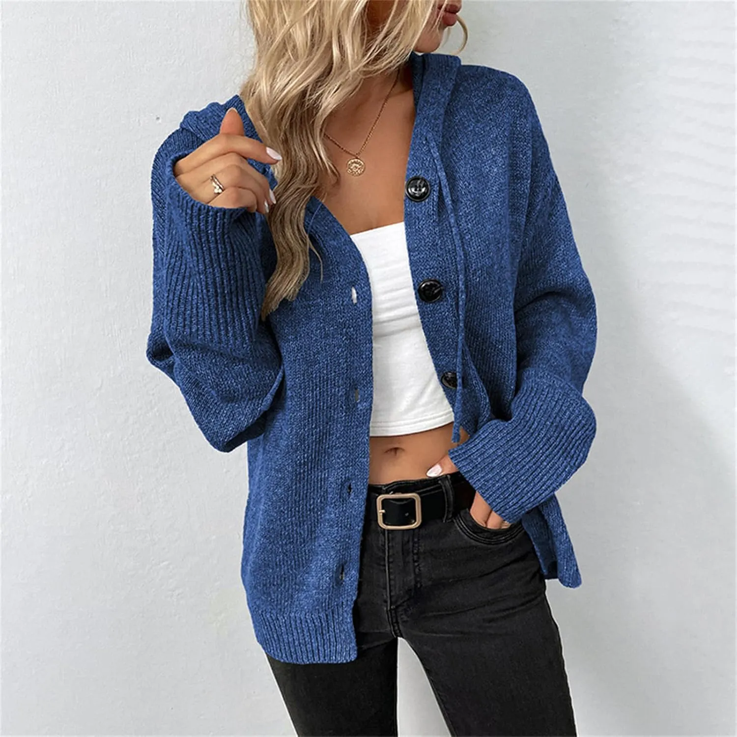 Women's Casual V Neck Button Down Hooded Cardigan Sweaters Long Sleeve Hoodies Outfits