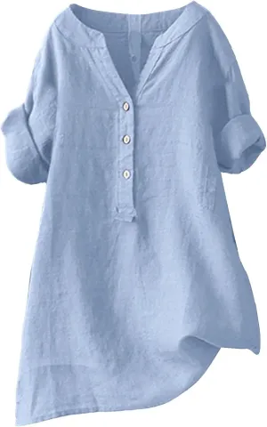 Womens Cotton Linen Shirts Short Sleeve V Neck Soft Button Down Tops Summer Lightweight Tunic Top to Wear with Leggings S-5X