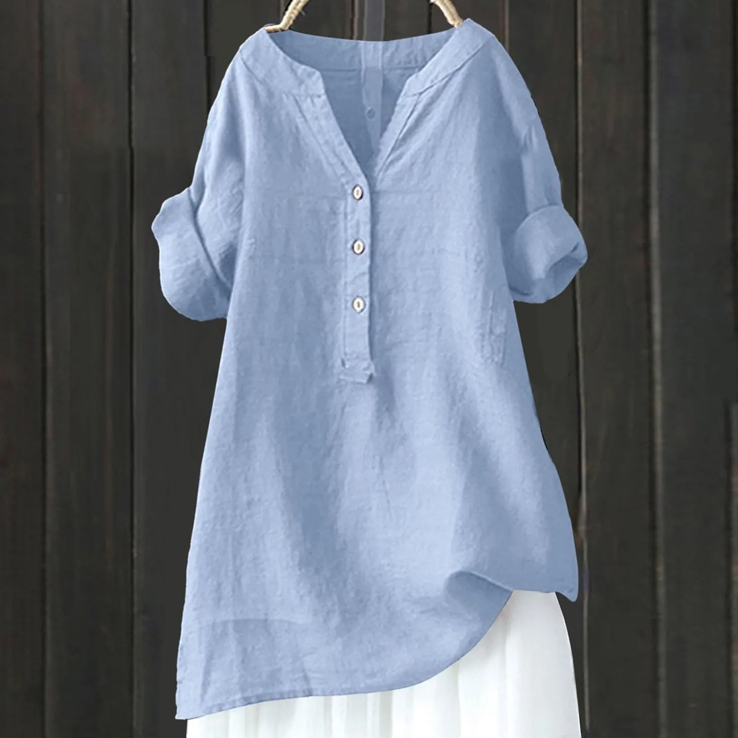 Womens Cotton Linen Shirts Short Sleeve V Neck Soft Button Down Tops Summer Lightweight Tunic Top to Wear with Leggings S-5X