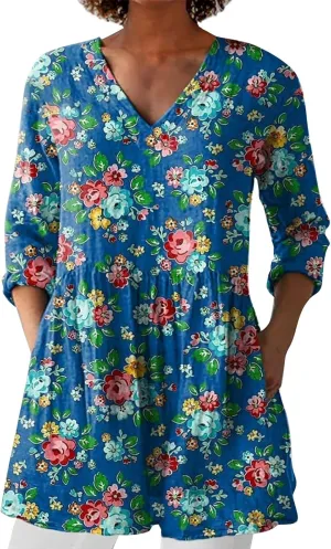 Womens Cotton Linen Tops 3/4 Sleeve V Neck Oversized T-Shirt Summer Casual Floral Gauze Blouses Dressy with Pockets