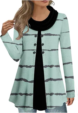 Womens Cowl Neck Sweater Long Sleeve Stripe Top Fall Winter Tops for 2024 Plus Size Trendy Tops Fashion Tunic Tops