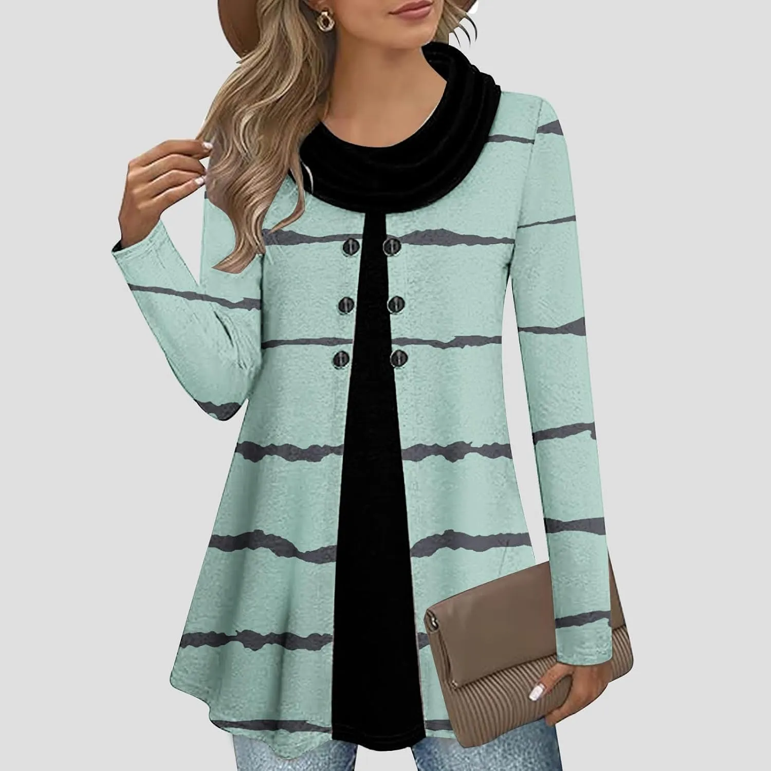 Womens Cowl Neck Sweater Long Sleeve Stripe Top Fall Winter Tops for 2024 Plus Size Trendy Tops Fashion Tunic Tops