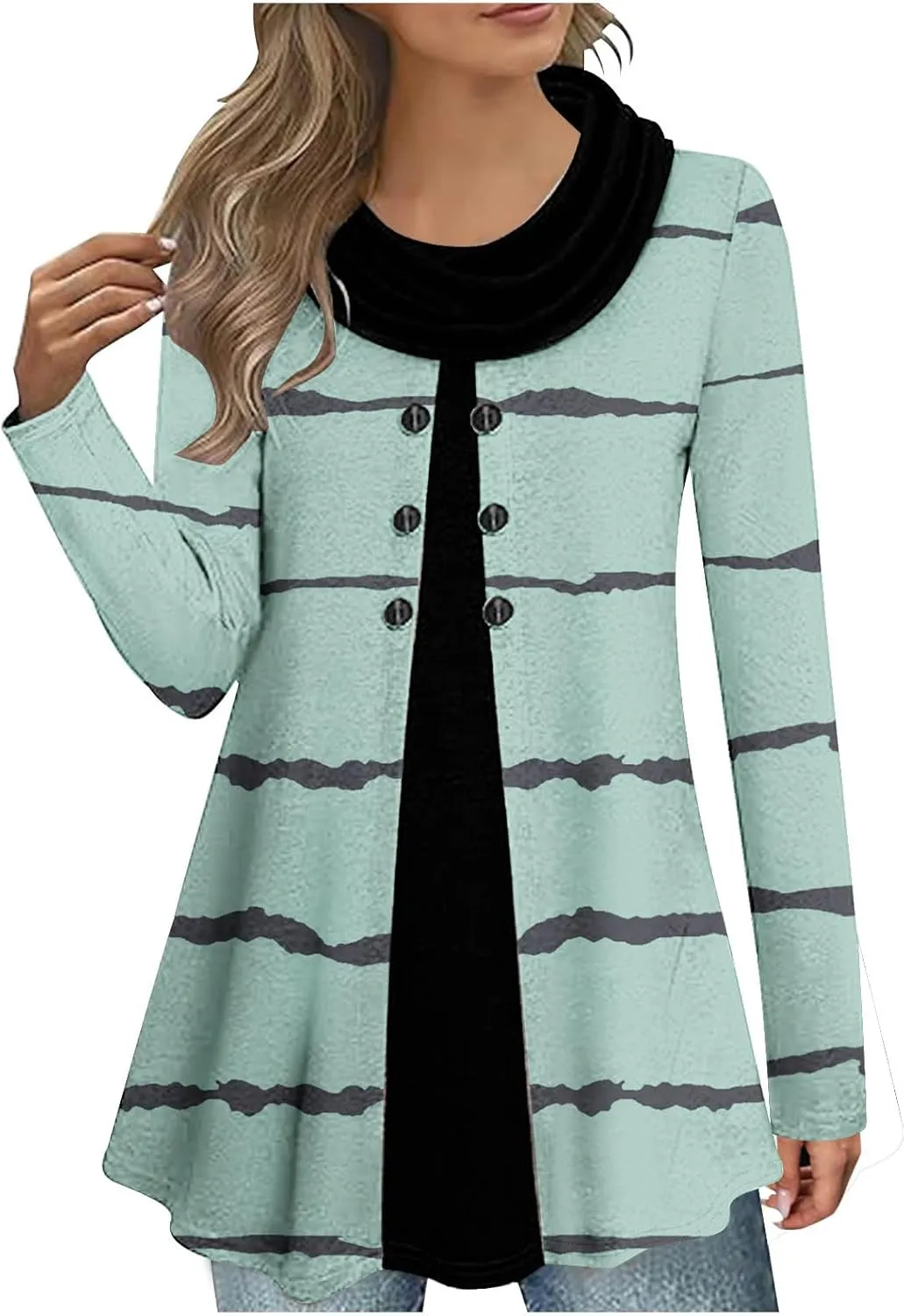 Womens Cowl Neck Sweater Long Sleeve Stripe Top Fall Winter Tops for 2024 Plus Size Trendy Tops Fashion Tunic Tops