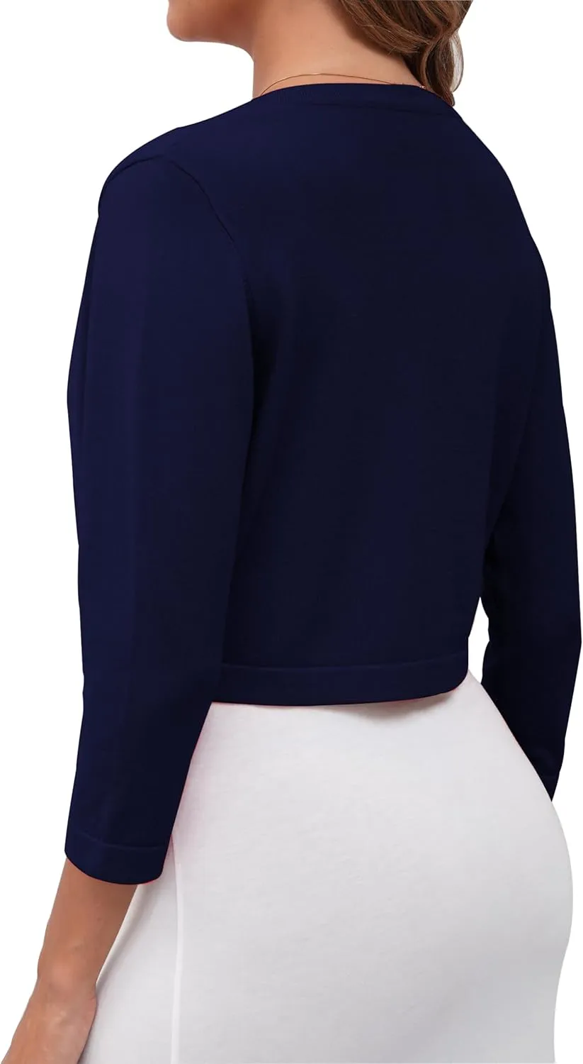 Women's Cropped Cardigans Sweaters 3/4 Sleeve Crewneck Open Front Bolero Shrugs for Women, S-XL
