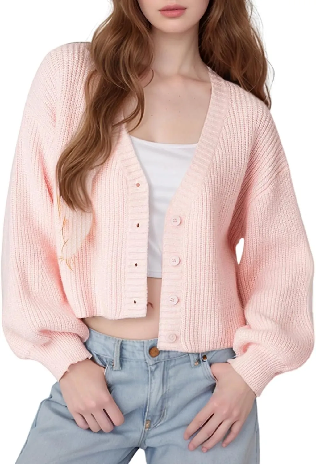 Womens Cropped Knit Cardigan Sweaters Chunky Button Down Long Sleeve Open Front Sweater Cropped Knitted Casual Cardigan