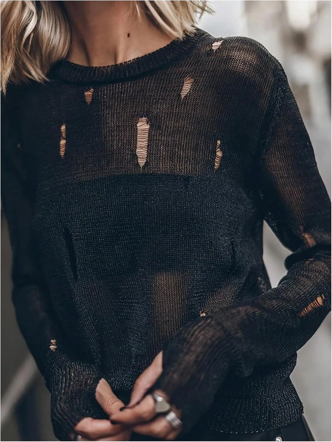 Women's Distressed Sweater Hollow Out See Through Pullovers Crew Neck Long Sleeve Knit Tops