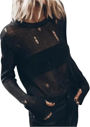 Women's Distressed Sweater Hollow Out See Through Pullovers Crew Neck Long Sleeve Knit Tops