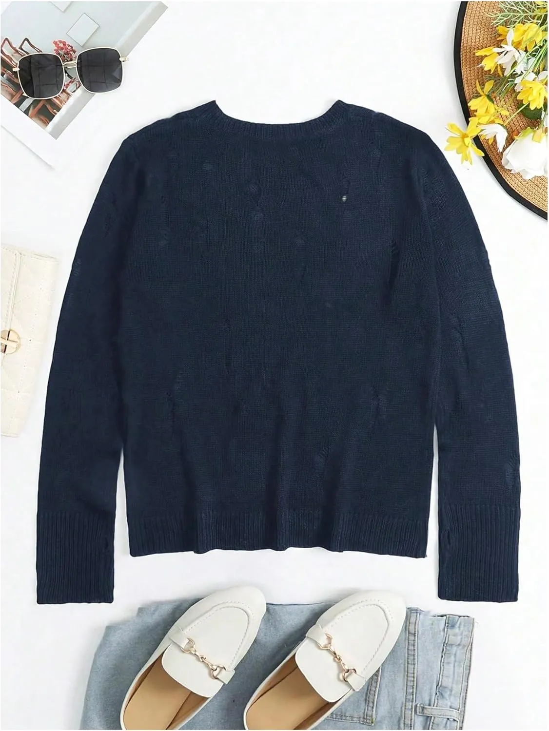Women's Distressed Sweater Hollow Out See Through Pullovers Crew Neck Long Sleeve Knit Tops