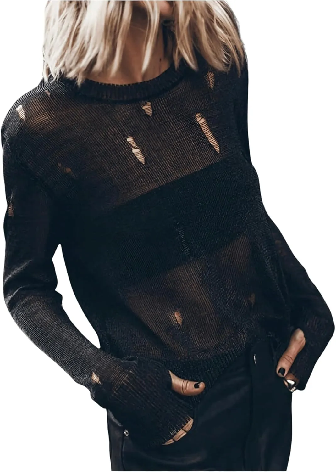 Women's Distressed Sweater Hollow Out See Through Pullovers Crew Neck Long Sleeve Knit Tops