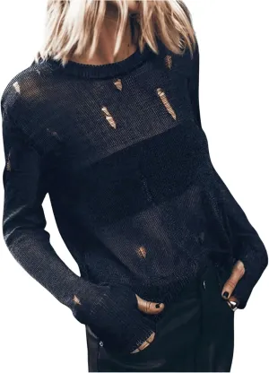 Women's Distressed Sweater Hollow Out See Through Pullovers Crew Neck Long Sleeve Knit Tops