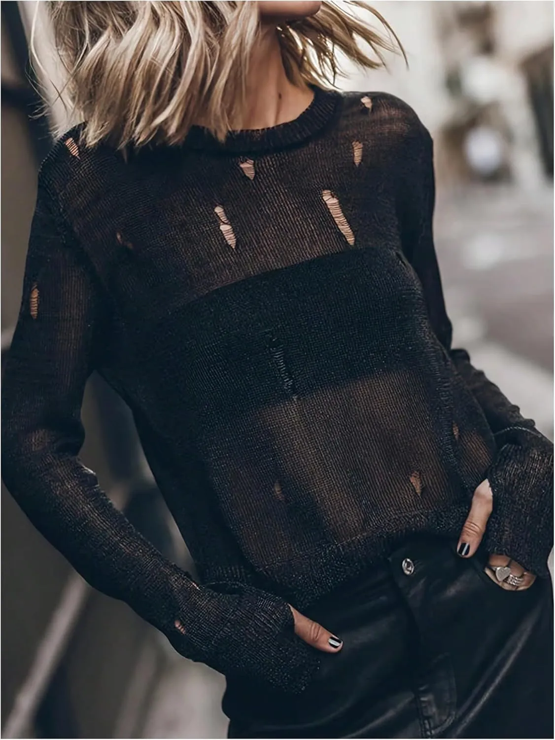Women's Distressed Sweater Hollow Out See Through Pullovers Crew Neck Long Sleeve Knit Tops