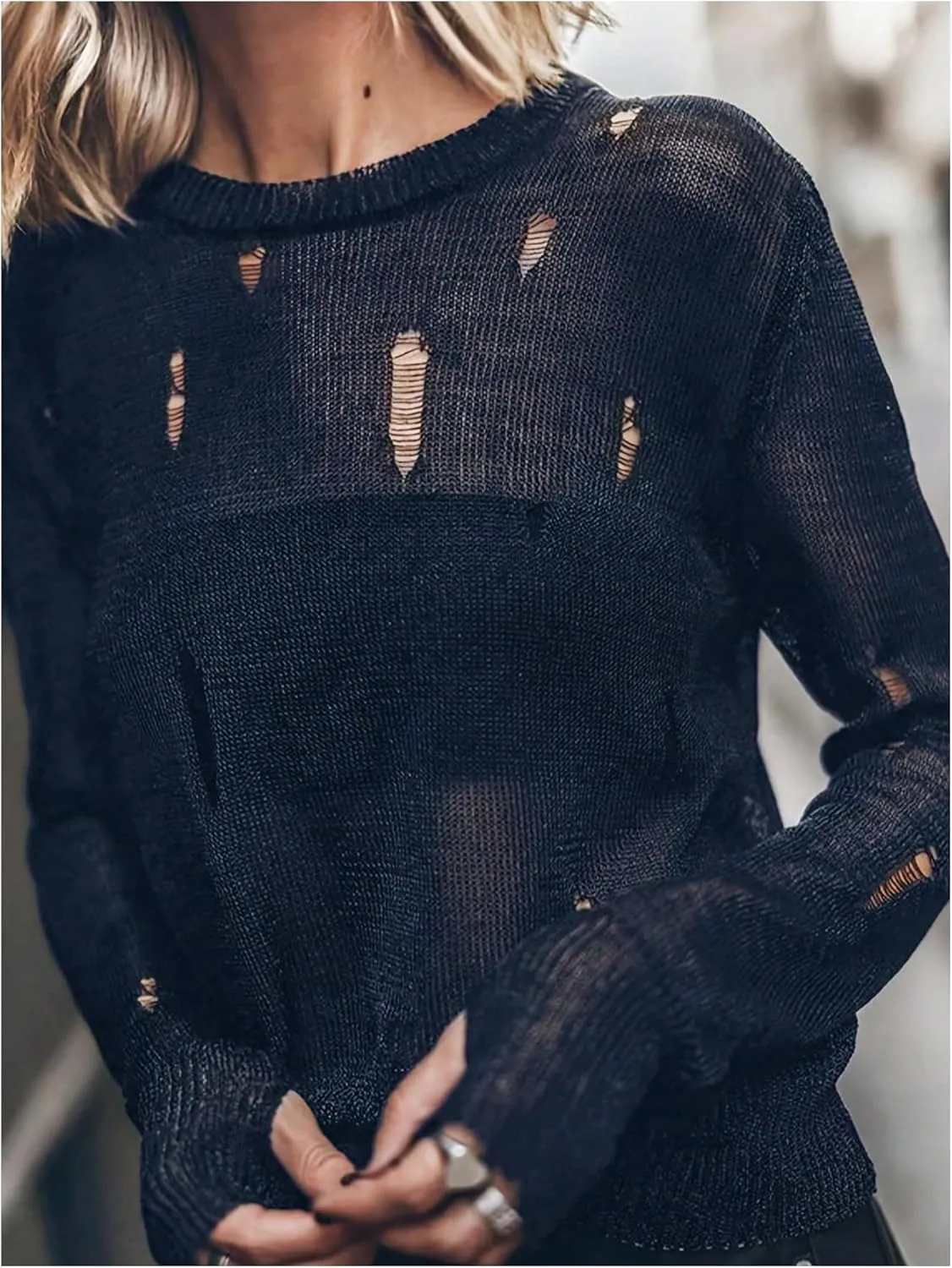 Women's Distressed Sweater Hollow Out See Through Pullovers Crew Neck Long Sleeve Knit Tops