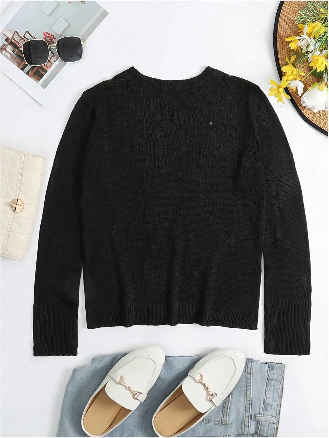 Women's Distressed Sweater Hollow Out See Through Pullovers Crew Neck Long Sleeve Knit Tops