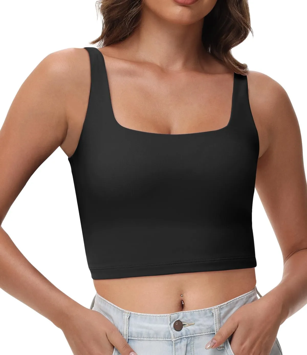 Women's Double Lined Square Neck Tank Tops Sleeveless Workout Fitness Casual Basic Crop Tops