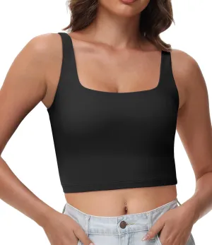 Women's Double Lined Square Neck Tank Tops Sleeveless Workout Fitness Casual Basic Crop Tops