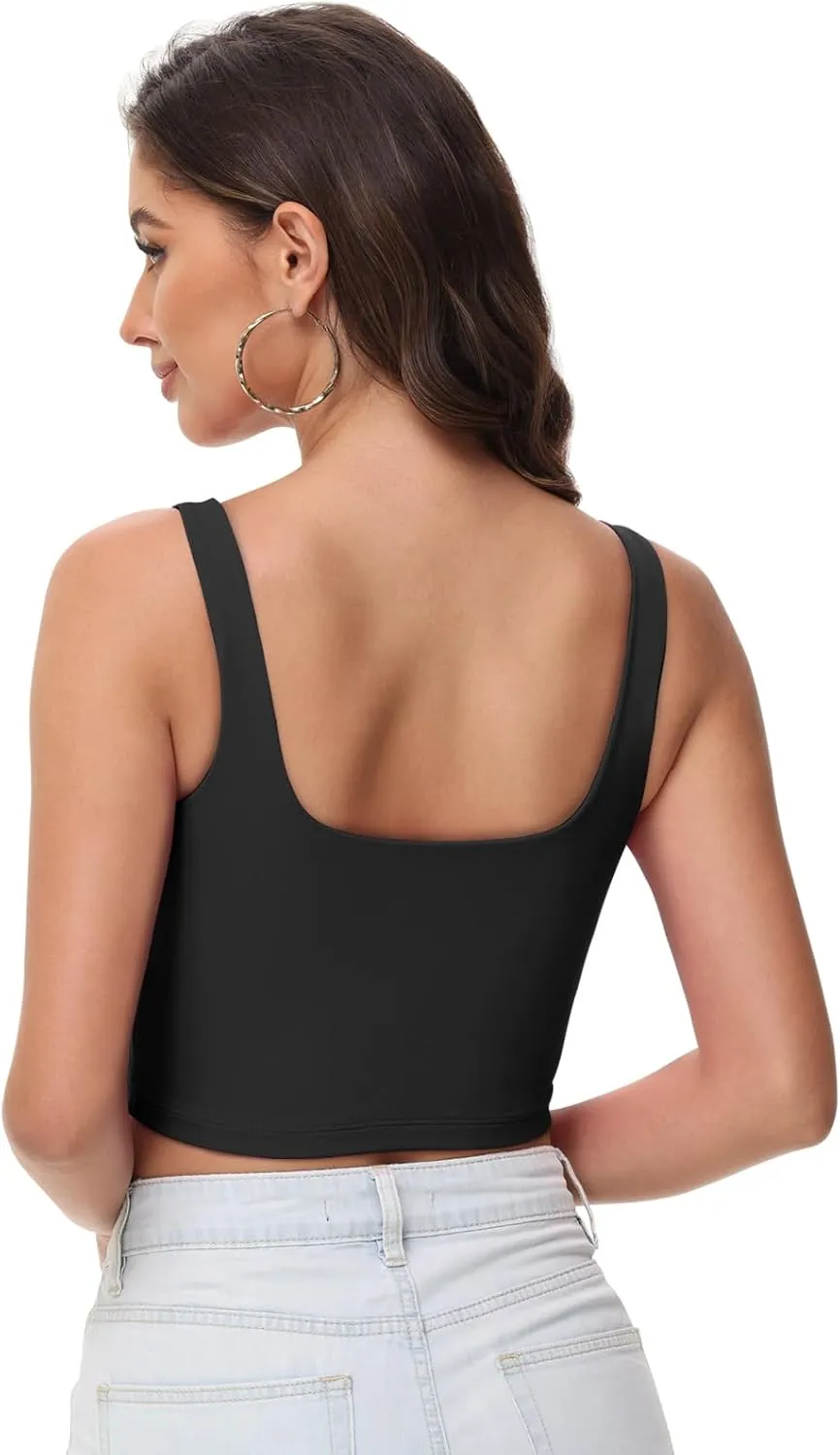 Women's Double Lined Square Neck Tank Tops Sleeveless Workout Fitness Casual Basic Crop Tops