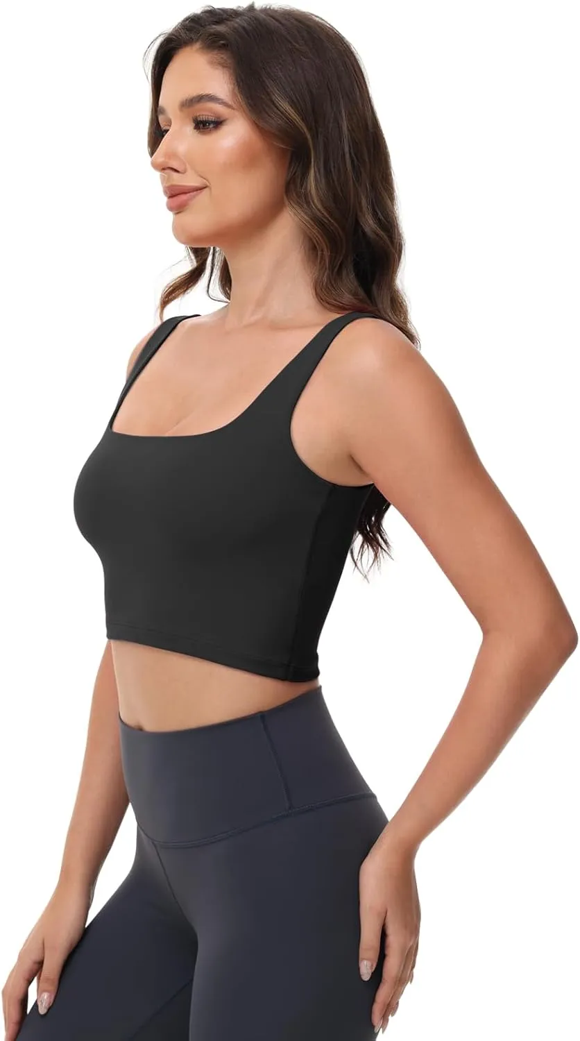 Women's Double Lined Square Neck Tank Tops Sleeveless Workout Fitness Casual Basic Crop Tops