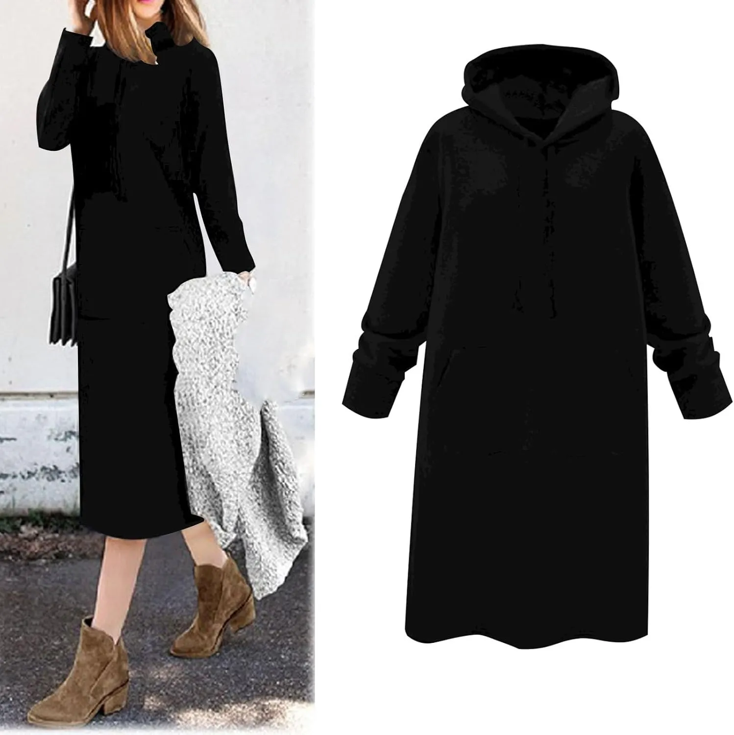 Womens Dresses Fall Winter 2024 Casual Long Sleeve Drawstring Hoodies Sweatshirt Pullover Tunic Mini Dress