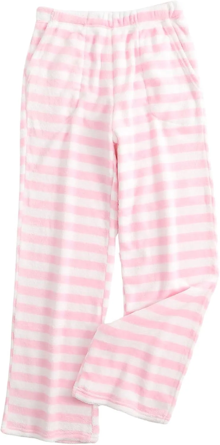 Women's Flannel Pajama Bottoms Vintage Striped Pj Pants Fuzzy Fleece Soft Lounge Pants with Pockets