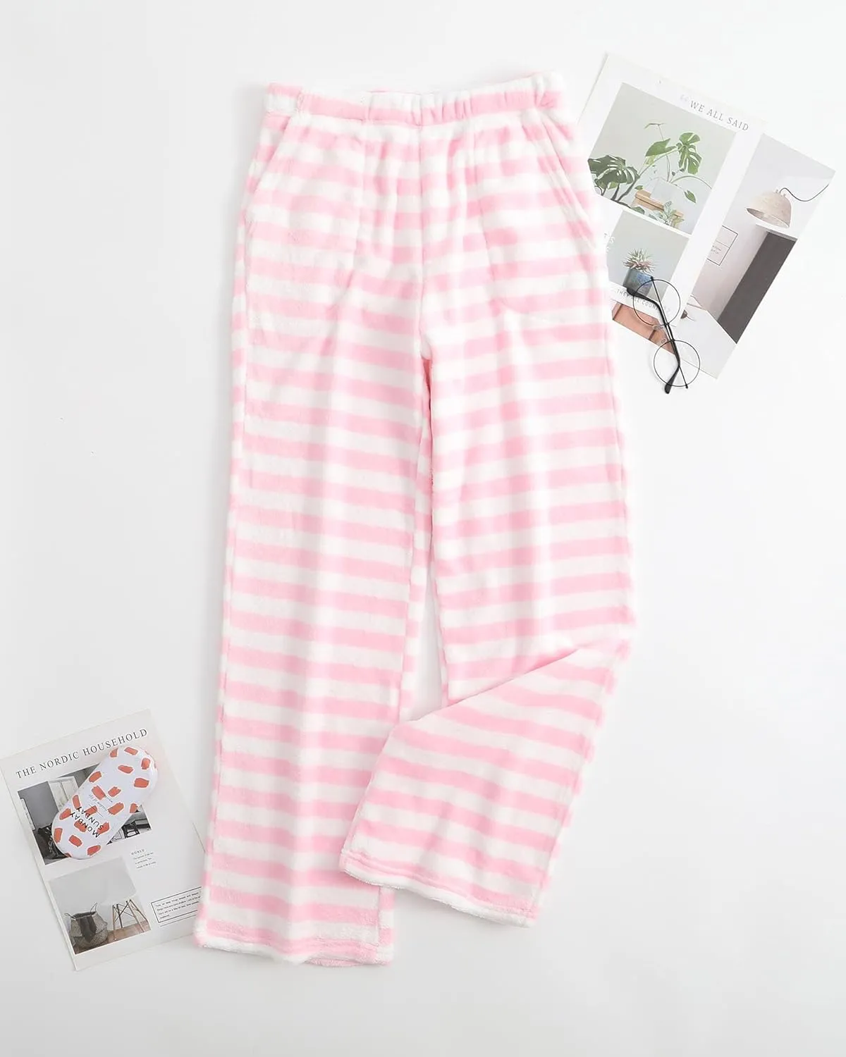 Women's Flannel Pajama Bottoms Vintage Striped Pj Pants Fuzzy Fleece Soft Lounge Pants with Pockets