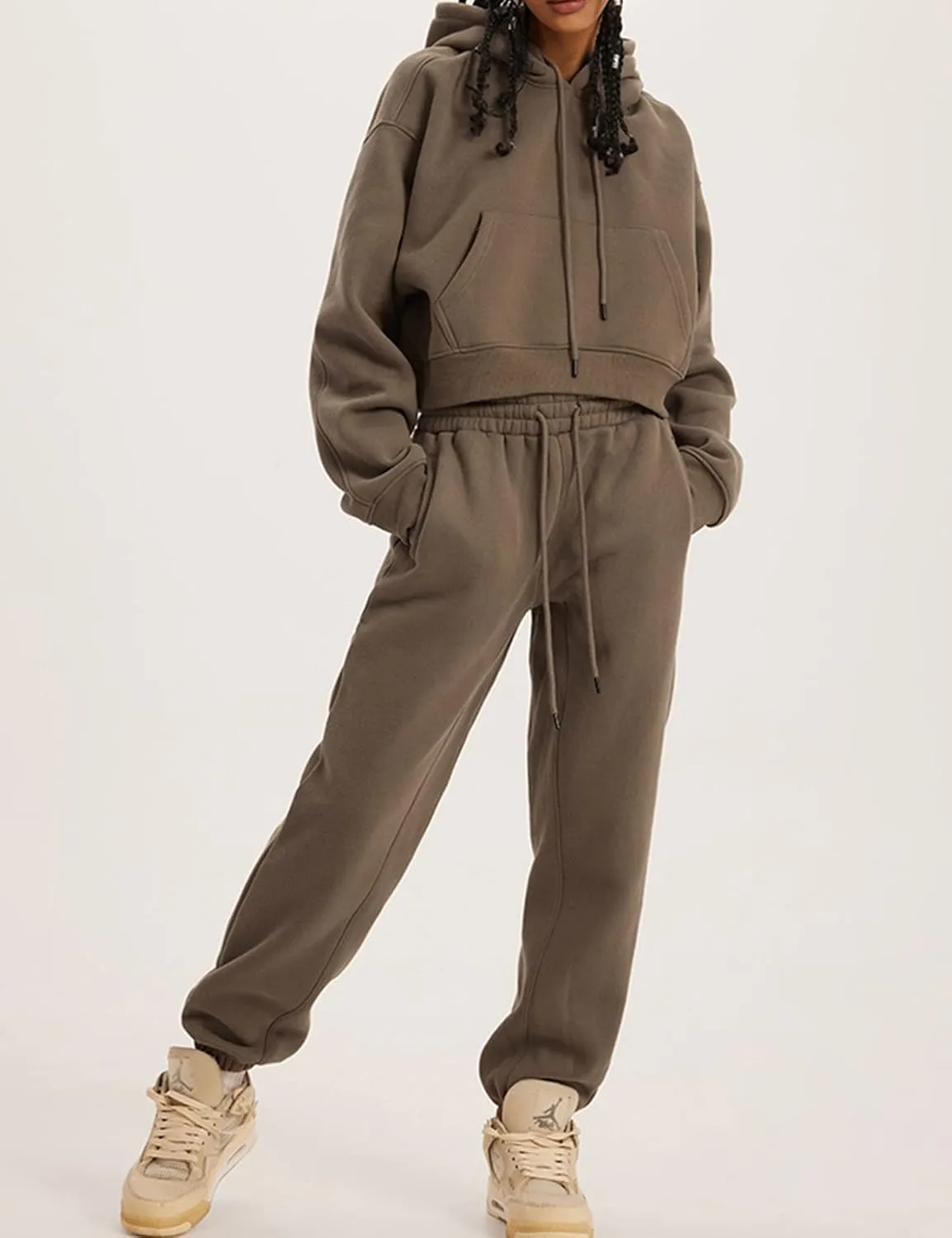 Womens Fleece 2 Piece Outfits Lounge Sets Crop Hoodies Tops Elastic Waist Jogger Pant Sweatsuits