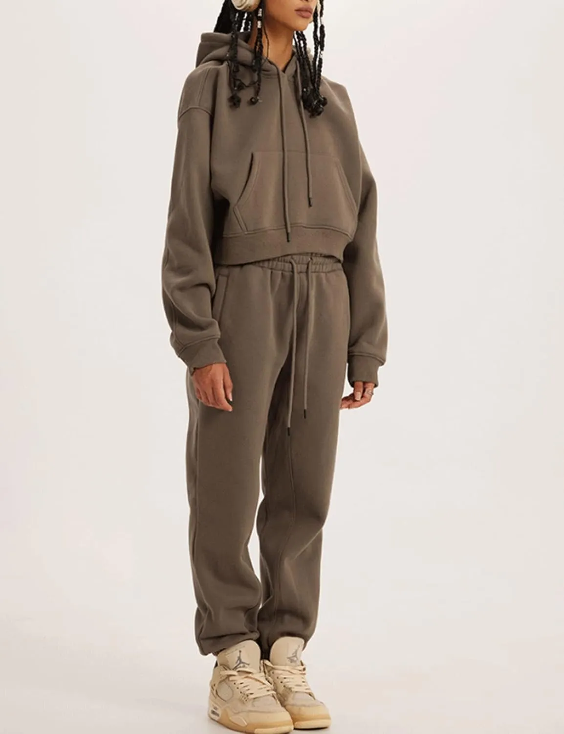 Womens Fleece 2 Piece Outfits Lounge Sets Crop Hoodies Tops Elastic Waist Jogger Pant Sweatsuits