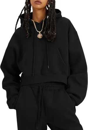 Womens Fleece 2 Piece Outfits Lounge Sets Crop Hoodies Tops Elastic Waist Jogger Pant Sweatsuits