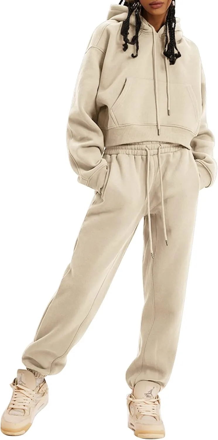 Womens Fleece 2 Piece Outfits Lounge Sets Crop Hoodies Tops Elastic Waist Jogger Pant Sweatsuits