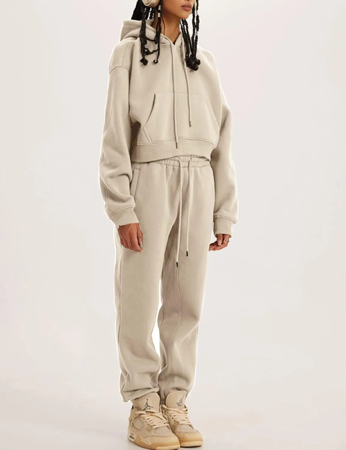Womens Fleece 2 Piece Outfits Lounge Sets Crop Hoodies Tops Elastic Waist Jogger Pant Sweatsuits