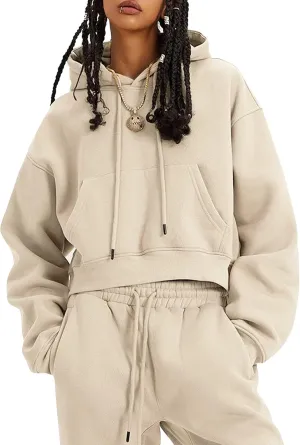 Womens Fleece 2 Piece Outfits Lounge Sets Crop Hoodies Tops Elastic Waist Jogger Pant Sweatsuits
