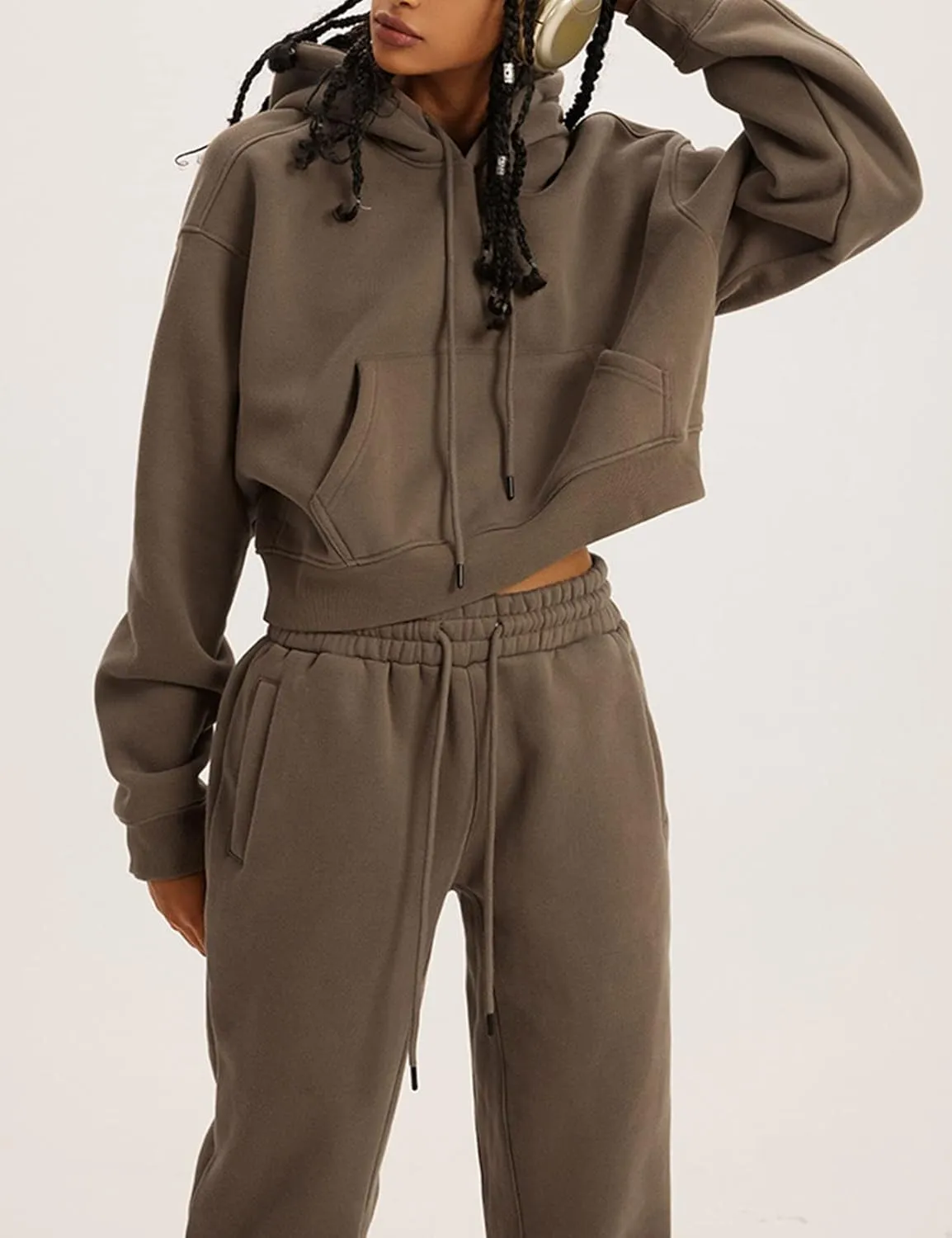 Womens Fleece 2 Piece Outfits Lounge Sets Crop Hoodies Tops Elastic Waist Jogger Pant Sweatsuits
