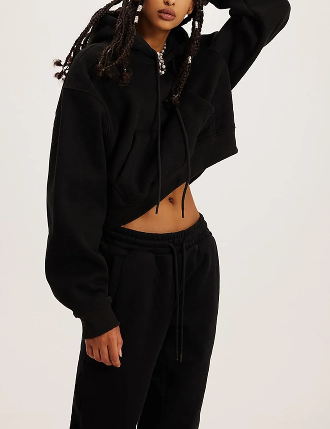 Womens Fleece 2 Piece Outfits Lounge Sets Crop Hoodies Tops Elastic Waist Jogger Pant Sweatsuits